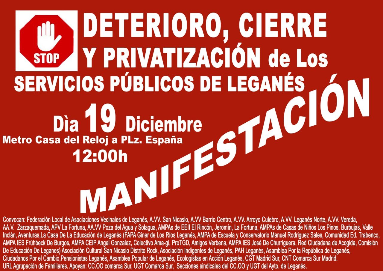 40 colectivos ciudadanos llaman a manifestarse este domingo contra el deterioro de los servicios públicos de Leganés