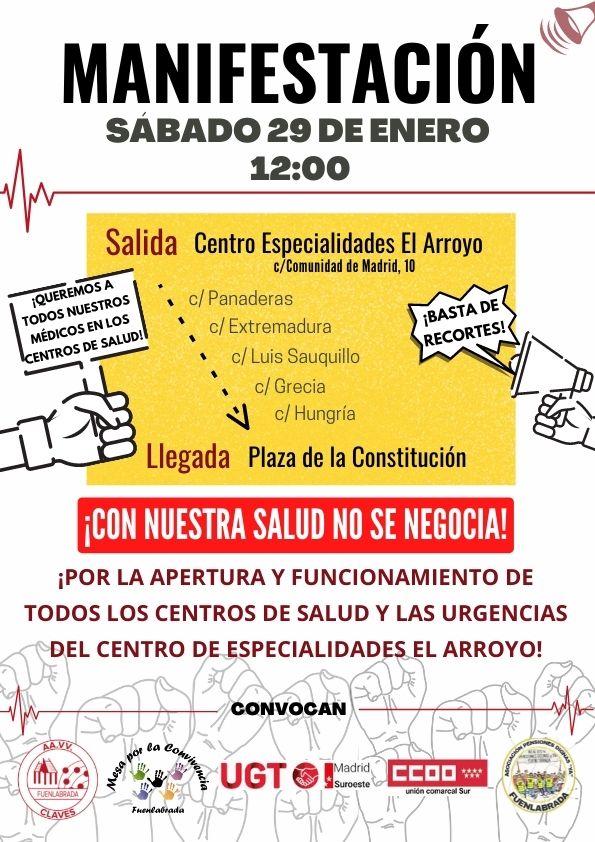 Cartel de manifestación en defensa de la sanidad pública en Fuenlabrada
