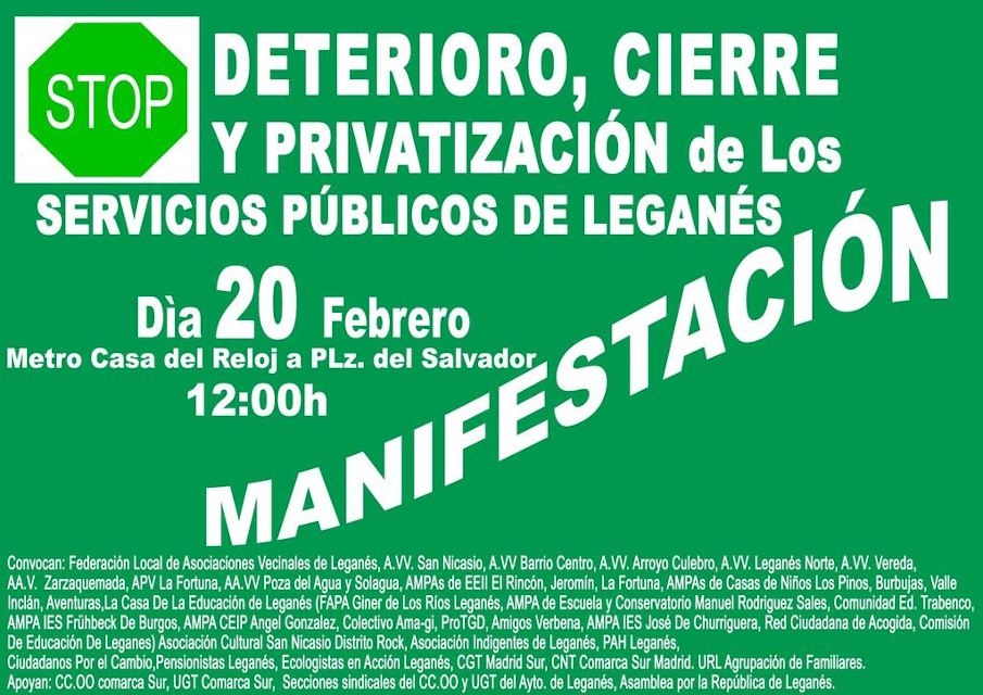 Nueva protesta en Leganés por el “abandono, cierre y privatización” de servicios públicos municipales