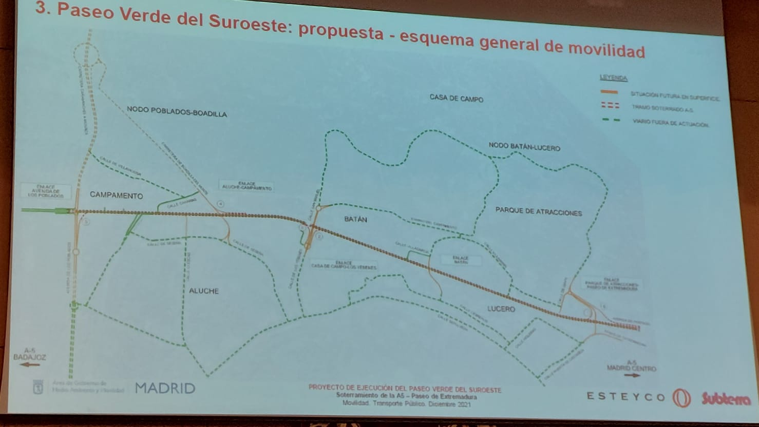 Diapositiva del Paseo Verde del Suroeste presentada por el Ayuntamiento en febrero de 2022 donde se aprecia la salida del túnel pasado la Avda. de los Poblados